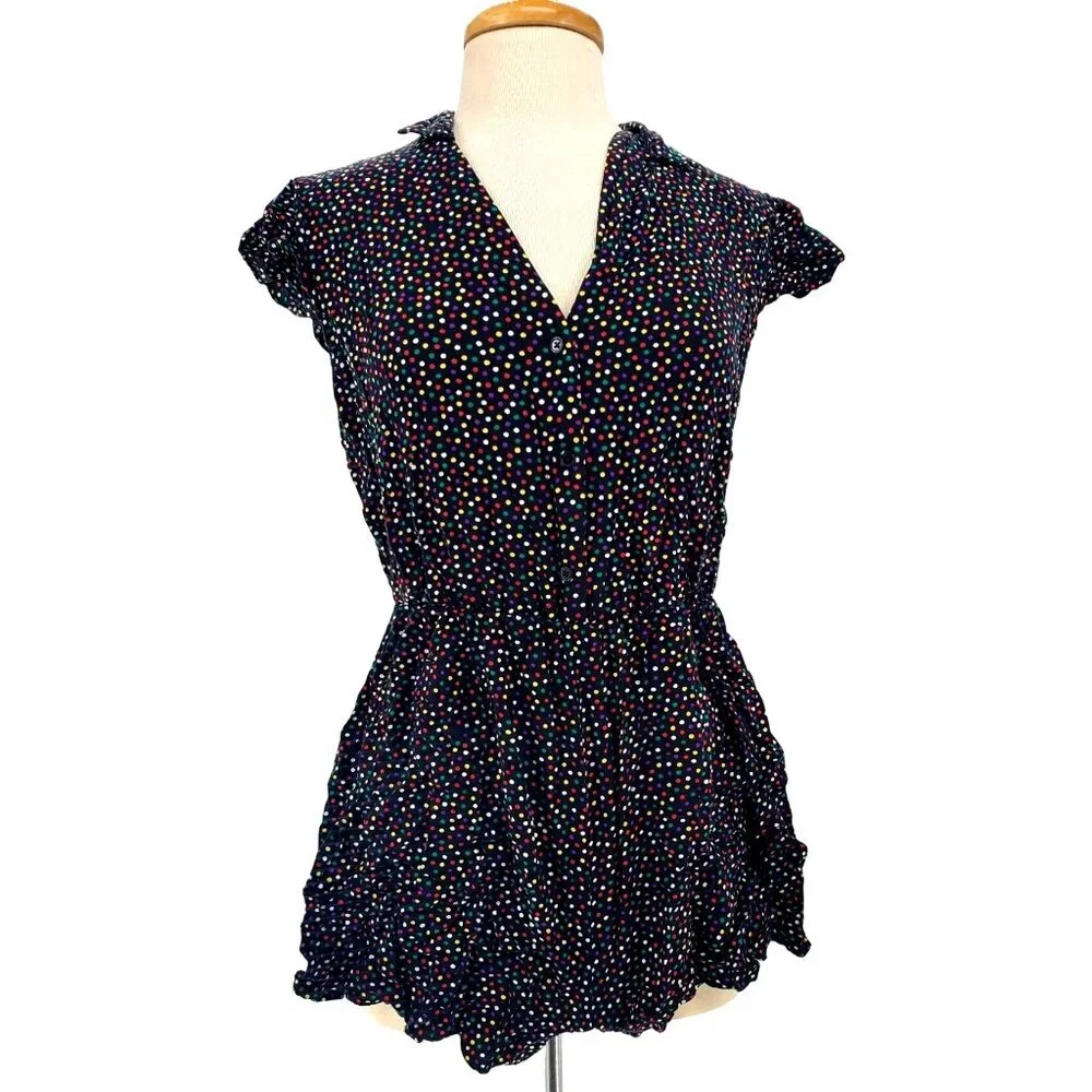 Xhilaration M Romper Shorts Colorful Polka-dot Button-Front Ruffle Short Sleeves
